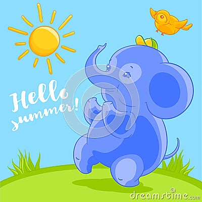 Cute blue baby elephant and the pretty bird in cartoon style happy summer on the green lawn. Vector Illustration