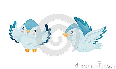 Cute Blue Bird Soaring and Perching Vector Set Vector Illustration