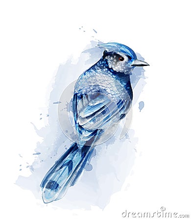 Cute blue bird watercolor Vector isolated on white. Vintage designs Stock Photo