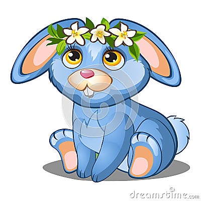 Cute blue bunny with flowers and pink ears Vector Illustration