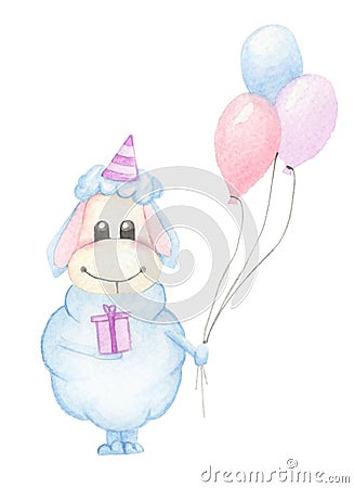 Cute blue cartoon character lamb with balloons and gift box Cartoon Illustration