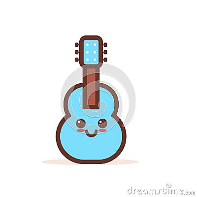 Cute blue classic wooden guitar cartoon comic character with smiling face happy emoji kawaii style acoustic musical Vector Illustration