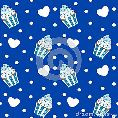 Cute blue cupcake with anchor seamless pattern Stock Photo