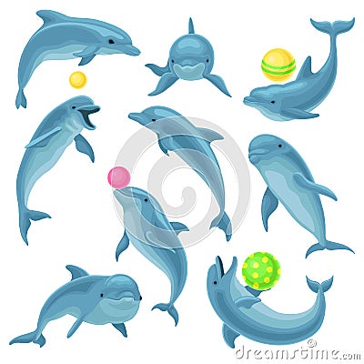 Cute blue dolphins set, dolphin jumping and performings tricks with ball for entertainment show vector Illustration on a Vector Illustration