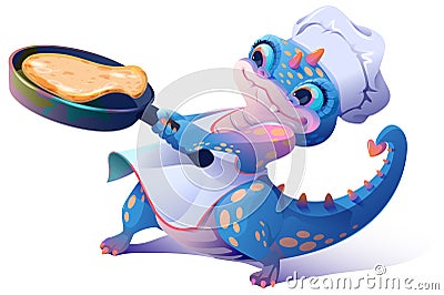 Cute blue dragon chef cooking pancakes in frying pan. Maslenitsa carnival Shrovetide holiday Vector Illustration