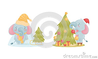 Cute Blue Elephant Character Decorating Fir Tree and Wearing Warm Winter Hat Vector Set Vector Illustration