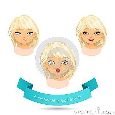 Cute blue eyed blonde with various facial expressions. Vector Illustration