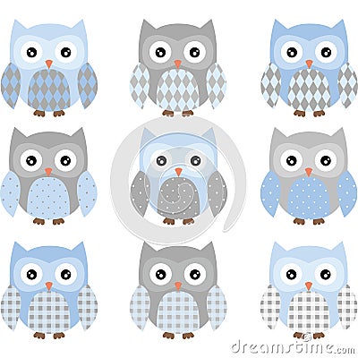 Cute Blue and Grey Cute Owl set Vector Illustration