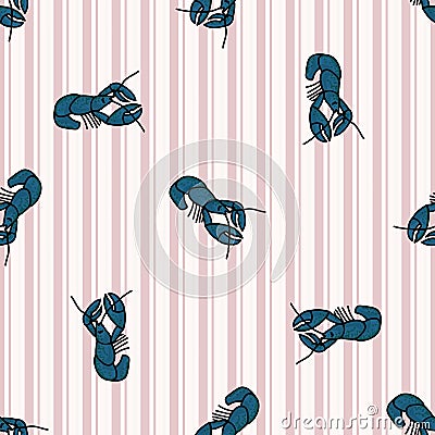 Cute blue lobster cartoon seamless vector pattern. Hand drawn crustacean shellfish tile. All over print for shell blog Vector Illustration