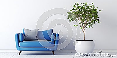 Cute blue loveseat sofa or snuggle chair and pot with branch. Interior design of modern living room with white wall Stock Photo