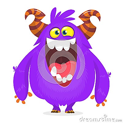 Cute blue monster cartoon with funny expression. Halloween vector illustration of fat furry troll or gremlin monster isolated. Vector Illustration