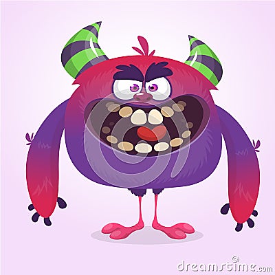 Cute blue monster cartoon with funny expression. Halloween vector illustration of fat furry troll or gremlin Vector Illustration