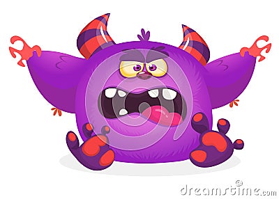 Cute blue monster cartoon with funny expression. Halloween vector illustration of fat furry troll or gremlin monster isolated. Vector Illustration