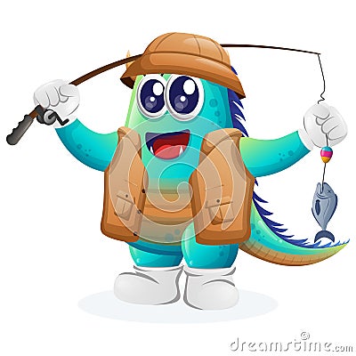 Cute blue monster fishing Vector Illustration