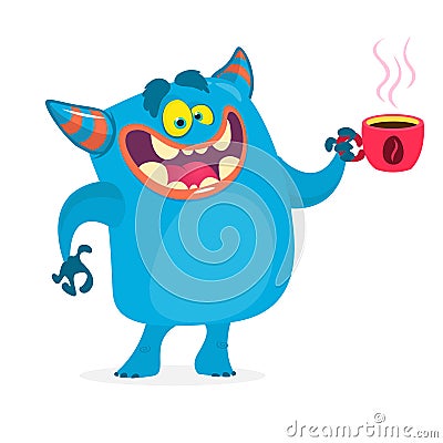 Cute blue monster having a cup of coffee in the morning. Vector monster troll character Vector Illustration