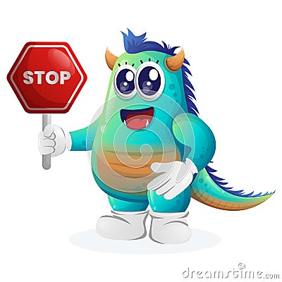 Cute blue monster holding stop sign, street sign, road sign Vector Illustration