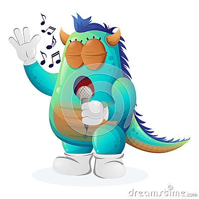 Cute blue monster singing, sing a song Vector Illustration