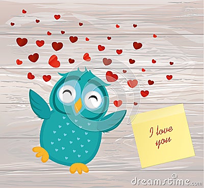 Cute Blue Owlet happy smiles and spreads wings hearts up. Yellow Cartoon Illustration