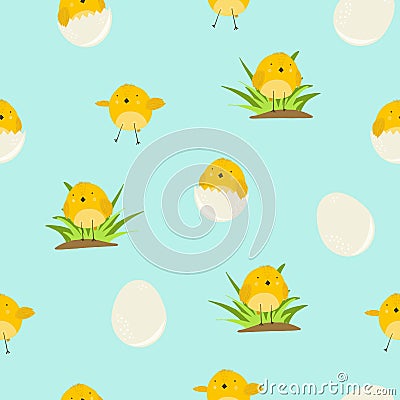 Cute blue pattern with cartoon yellow chickens Vector Illustration