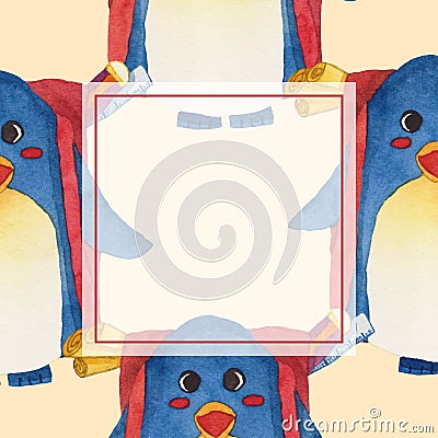 Cute Blue Penguin with Backpack Banner Card Watercolor. Vector Illustration. isolated on White Background Vector Illustration