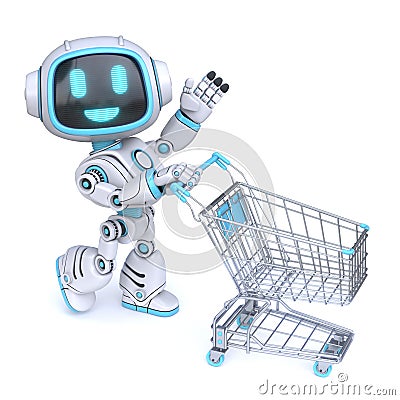 Cute blue robot push empty shopping cart 3D Cartoon Illustration