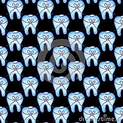 Cute blue teeth, decorated with a bow on a black background. Seamless pattern. Watercolor illustration. Medicine, dentistry. For Cartoon Illustration