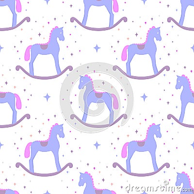 Cute blue vector rocking horses isolated on white background. Baby toy seamless pattern Vector Illustration