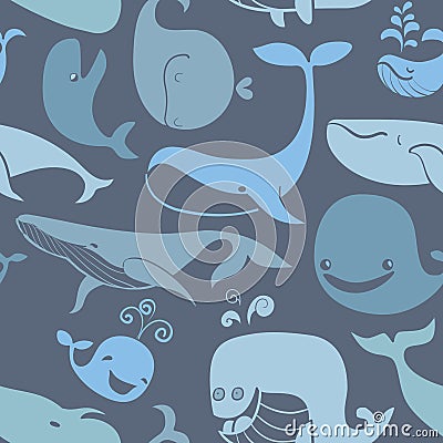 Cute Blue Whales. Marine seamless background. Vector Illustration