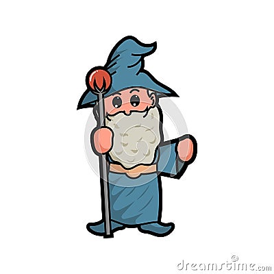 Cute blue wizard and the magic staff Vector Illustration