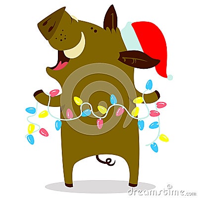 Cute boars or warthog character with Christmas garland. Vector i Vector Illustration