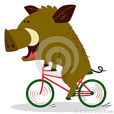 Cute boars or warthog character riding a bicycle. Vector illustration with pig driving bike. Vector Illustration