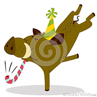 Cute boars or warthog charactercelebrating birthday. Vector illustration with pig with party horn and hat. Vector Illustration