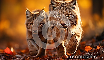 Cute bobcat in autumn forest, looking at camera generated by AI Stock Photo