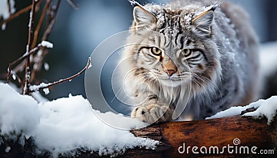 Cute bobcat sitting in snow, staring at camera generated by AI Stock Photo
