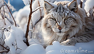 Cute bobcat in winter forest, looking at camera generated by AI Stock Photo