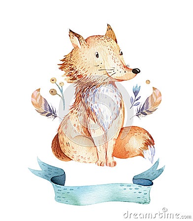 Cute bohemian baby cartoon fox animal for kindergarten, woodland nursery isolated decoration forest illustration for Cartoon Illustration