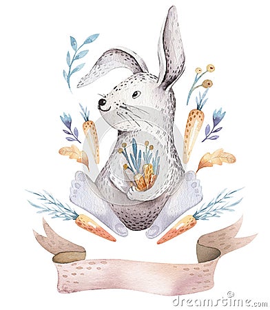 Cute bohemian baby cartoon rabbit animal for kindergarten, woodland nursery isolated bunny forest illustration for Cartoon Illustration