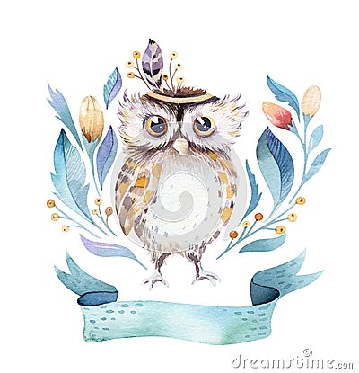 Cute bohemian baby owl animal for kindergarten, woodland nursery isolated decoration forest owls illustration for Cartoon Illustration