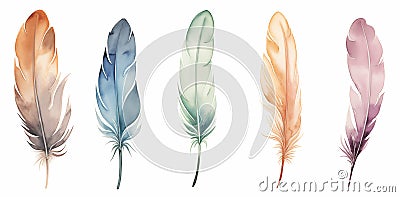 Cute Boho collection, featuring a set of bird feathers on a white background Stock Photo