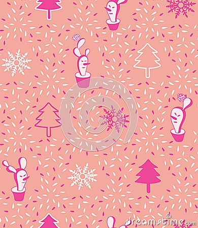 Cute bold pink modern minimal Christmas cacti snowman vector seamless pattern background. Vector Illustration