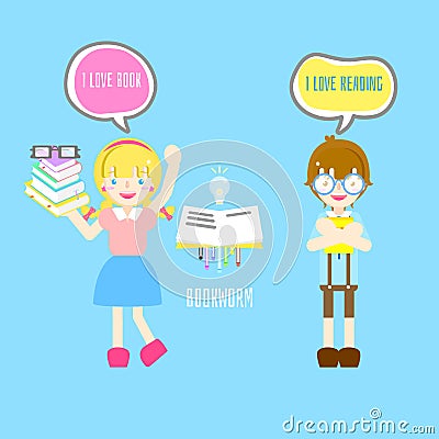 Cute bookworm boy and girl with I love book and reading text box speech bubble in blue background Vector Illustration