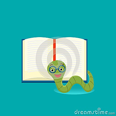 Cute bookworm with glasses near an open book, , isolated on blue background. Education concept. Vector cartoon Vector Illustration