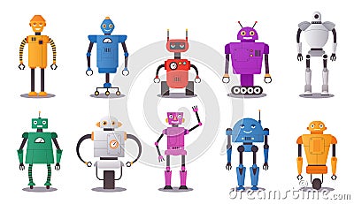 Cute bot. Cartoon human android and robot assistant characters. Funny futuristic AI chatbots. Tech support mascots Vector Illustration