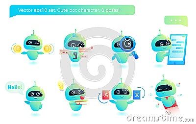 Cute bot character set. Chatbot greets. Online consultation Vector Illustration