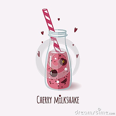 Cute bottle with cherry milkshake Vector Illustration