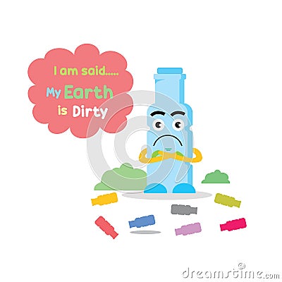 Cute bottle mascot sad trash littered Vector Illustration