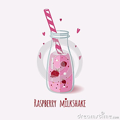 Cute bottle with raspberry milkshake Vector Illustration