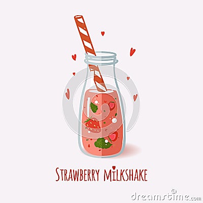 Cute bottle with strawberry milkshake Vector Illustration