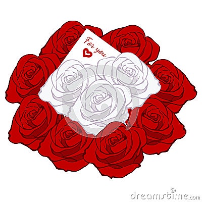 Cute bouquet of red rose, white rose and message card Vector Illustration