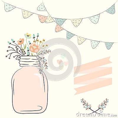 Cute bouquet of wedding flowers in a glass jar. Vector illustrat Vector Illustration